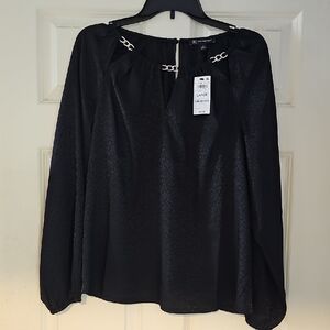 INC International Concepts Black Blouse with Chain Accents
